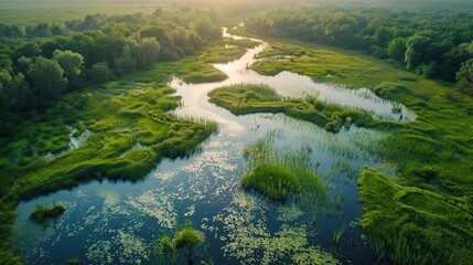 A still summer lake nestled in a green forest reflects the towering trees like a perfect painting