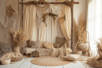 Rustic Bohemian Corner with Wicker Chair and Macrame