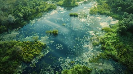 A still summer lake nestled in a green forest reflects the towering trees like a perfect painting