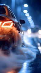Sleek and Powerful Aerodynamic Luxury Car Speeding Through a Futuristic City at Night