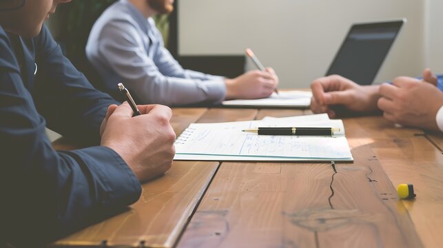 An employee in a meeting taking notes