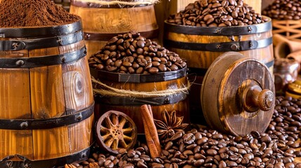 Rustic wooden barrels overflowing with aromatic coffee beans