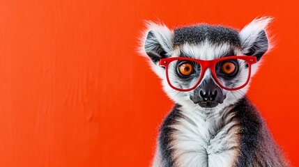 Naklejka premium Charming ring-tailed lemur with stylish glasses on vibrant red background