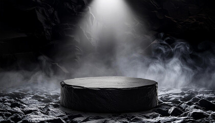 Empty black rock podium, pedestal for display mockup or products presentation. On background black rock walls with white smoke or fog and a light beam illuminating the base from above. Generative Ai.