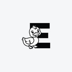 Initial Letter E with Duck Logo Design. Duck is sporting a happy smile. Letter E Vector cute animals character duck isolated illustration and lettering on white background.