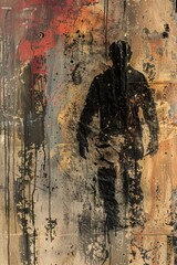 Abstract depiction of man in black paint on textured, multicolored wall with splatters and drips. The figure appears to be in motion. chaotic and unpredictable path of fugitive. Fugitive man, escape