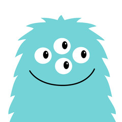 Fluffy monster smiling face head with four eyes. Blue silhouette icon. Happy Halloween. Cute cartoon kawaii funny boo spooky baby character. Childish style. Flat design. White background. Vector