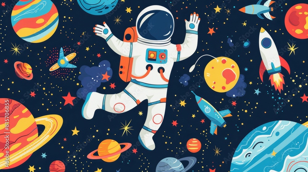 Poster the cartoon astronaut in outer space. modern illustration with a cosmonaut character wearing a space