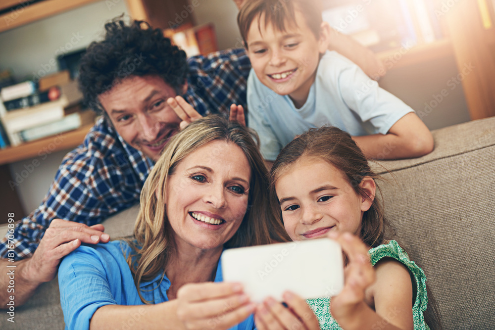 Canvas Prints happy family, relax and selfie with peace sign for memory, picture or bonding together on sofa at ho