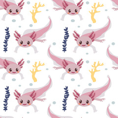 Axolotl seamless pattern with underwater elements. Hand drawn funny animal vector illustration, print design