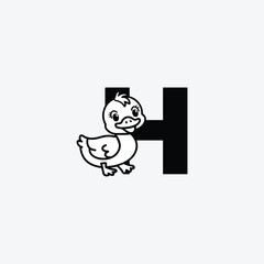 Naklejka premium Initial Letter H with Duck Logo Design. Duck is sporting a happy smile. Letter H Vector cute animals character duck isolated illustration and lettering on white background.