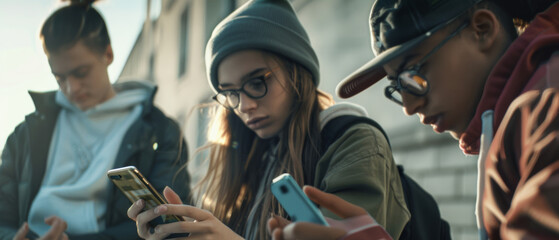 Teenagers engrossed in smartphones, a moment captured in the digital age's social tapestry.