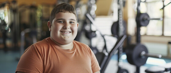 Confident boy with a pleased expression at the gym, symbolizing youthful motivation and health.