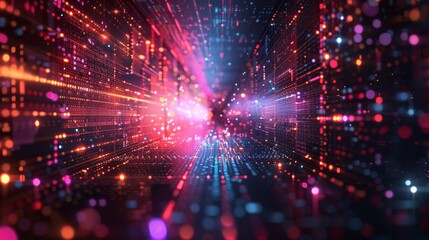Fototapeta premium Vibrant digital technology background with geometric patterns and neon lights, evoking a sense of energy and modernity.