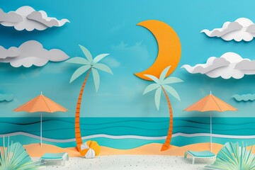Obraz premium Paper Effect greeting card concept illustration of a sunny beach setting