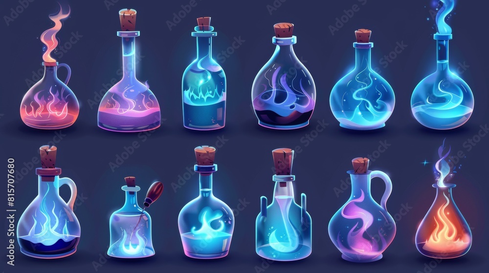Poster the potion bottle is surrounded by the puff cloud animation set with a dark background. modern illus