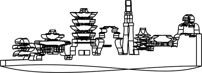 line art illustration of Japanese cities