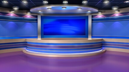 Modern virtual studio set with blue screen and dynamic lighting