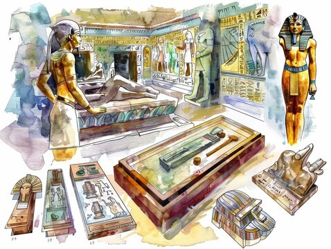 Set of watercolor of a museum curator arranging an exhibit of interdimensional artifacts, in a museum where each room is a portal to the era it displays, Clipart isolated on white