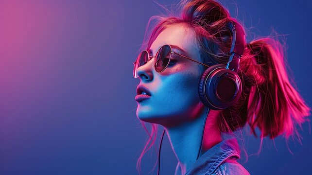 Fashion portrait of beautiful young woman with headphones. Disco style. - Powered by Adobe