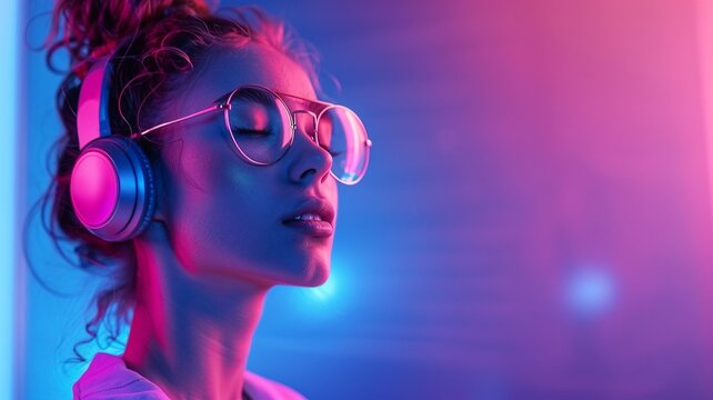 Fashion portrait of beautiful young woman with headphones. Disco style.