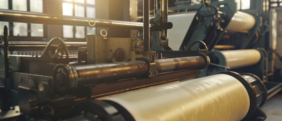 Tranquil scene of paper rolling through old-fashioned printing press.