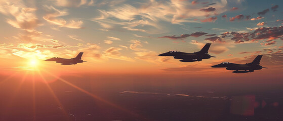 Fighter jets soar in formation against a dramatic sunset sky, signifying might and precision.