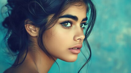 Naklejka premium Enchanting gaze of a young woman with piercing blue eyes and brunette hair