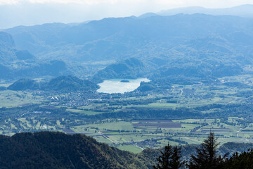 Begunjščica panorama of mountain trekking to the highest peak. View of the Alps, climbing with...