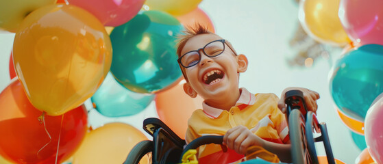 Joyful child in glasses laughs among a sea of colorful balloons, wheelchair-bound.