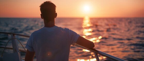 Fototapeta premium A tranquil moment as a man contemplates the sea at sunset from a yacht.