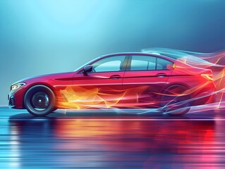 Cutting Edge Aerodynamic Sports Car in Motion with Vibrant Fiery Visual Effects