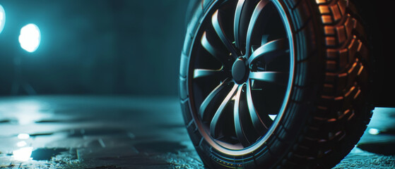 Close-up of a car wheel, showcasing sleek design and high-performance tread.