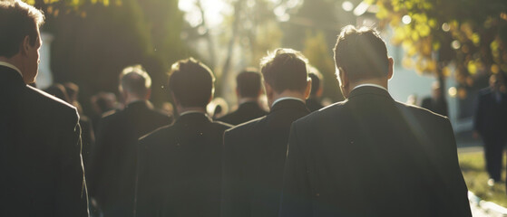 Silhouetted men in suits walk purposefully forward against a sunlit backdrop.