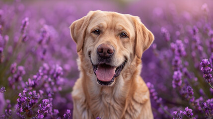 A labrador standing in a purple lavender field.