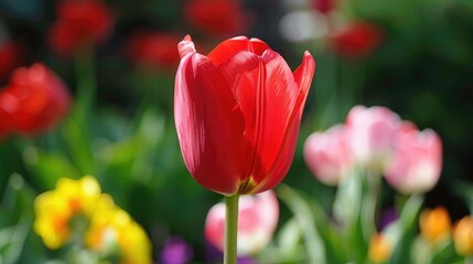 Red tulip in a garden setting with spring floral background showing a close up of the vibrant red flower