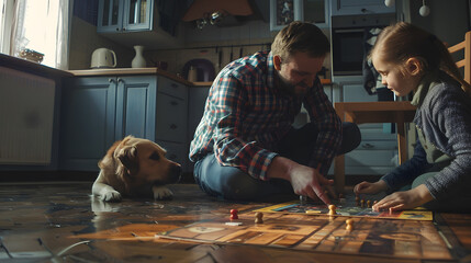Dad and daughter are playing a board game in the kitchen sitting on the floor A dog is lying nearby Scandinavian and hightech style in the interior Family leisure : Generative AI