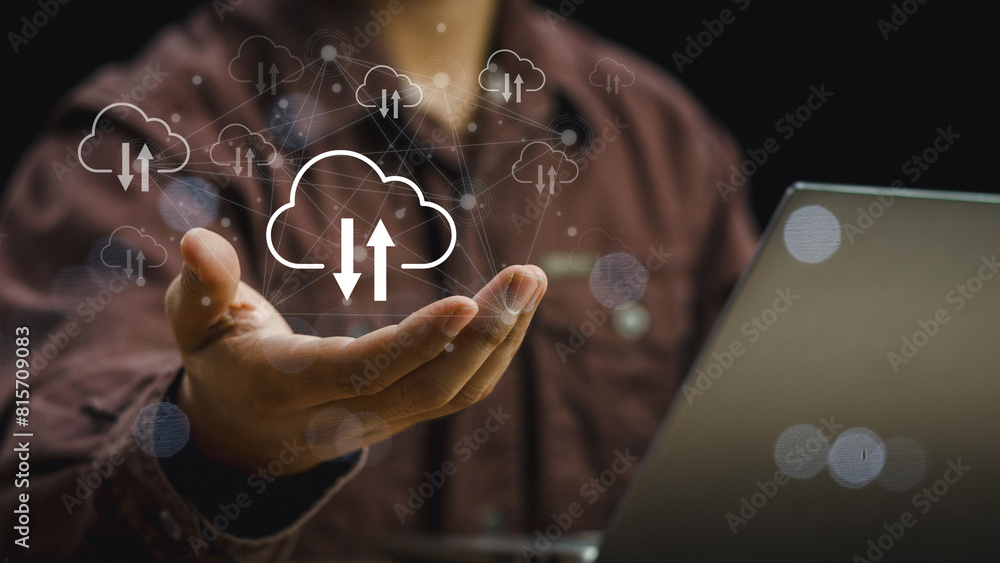 Poster businessman touching cloud computing network. businessman shows cloud storage network technology ico