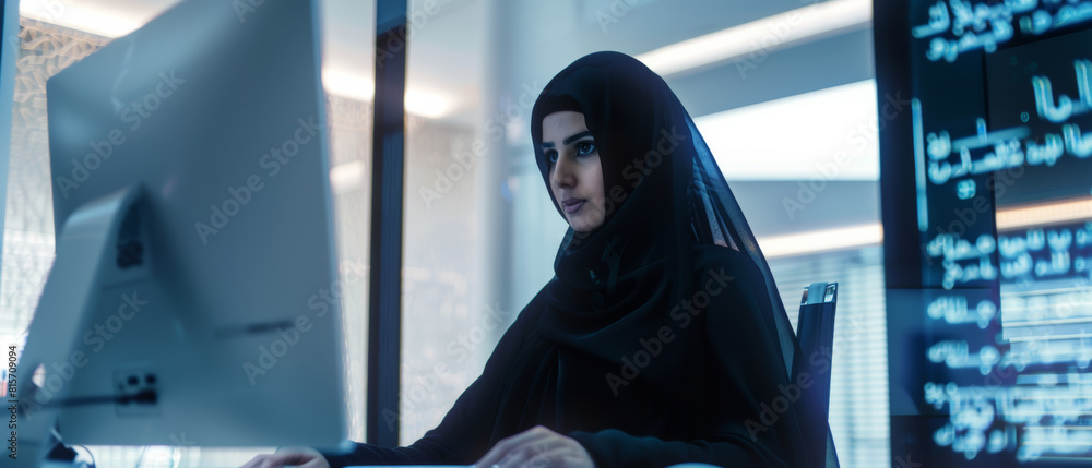 Wall mural a focused professional in a hijab examines data intently on her computer screen.