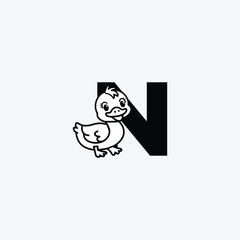 Initial Letter N with Duck Logo Design. Duck is sporting a happy smile. Letter N Vector cute animals character duck isolated illustration and lettering on white background.
