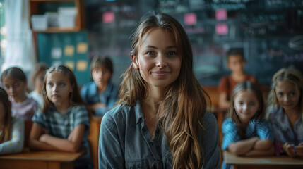 Fototapeta premium A young woman is smiling at the camera in front of a group of children
