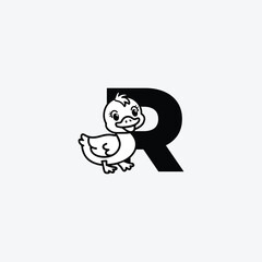 Initial Letter R with Duck Logo Design. Duck is sporting a happy smile. Letter R Vector cute animals character duck isolated illustration and lettering on white background.
