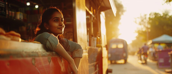 A young woman leans out of a train, the warm sunset light reflecting hope and wanderlust in her eyes.