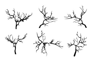 Naklejka premium Black silhouettes of scary trees on a white background. A set of six bare branches is perfect for creating decorations, backgrounds, and landscapes. Easy to use.