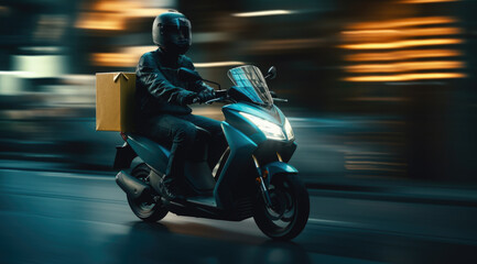 Food delivery moto scooter driver with backpack behind back is on his way to deliver food. Courier on scooter delivering food.