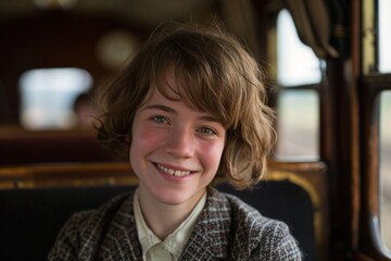 A young person with short hair smiling while sitting inside a train during a journey.