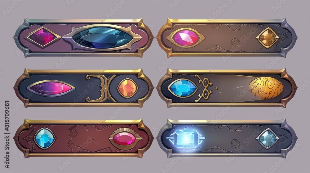 Aufkleber a silver rectangle shaped label with a gem in the center, with a golden medieval fantasy game ui fra