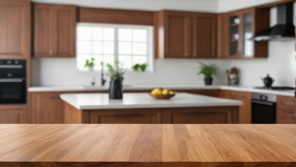 Fototapeta premium Wood table top on blur kitchen counter (room)background.
