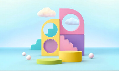  Background podium baby cute product 3d cloud kid children display banner room toy design blue. Podium scene boy background rainbow baby stand studio presentation shower template sale stage poster sky