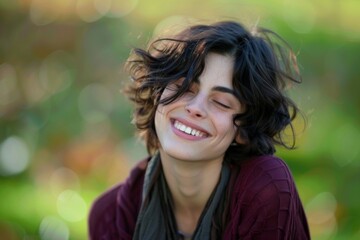 A young woman with short hair smiling joyfully with her eyes closed, enjoying a sunny day in nature.
